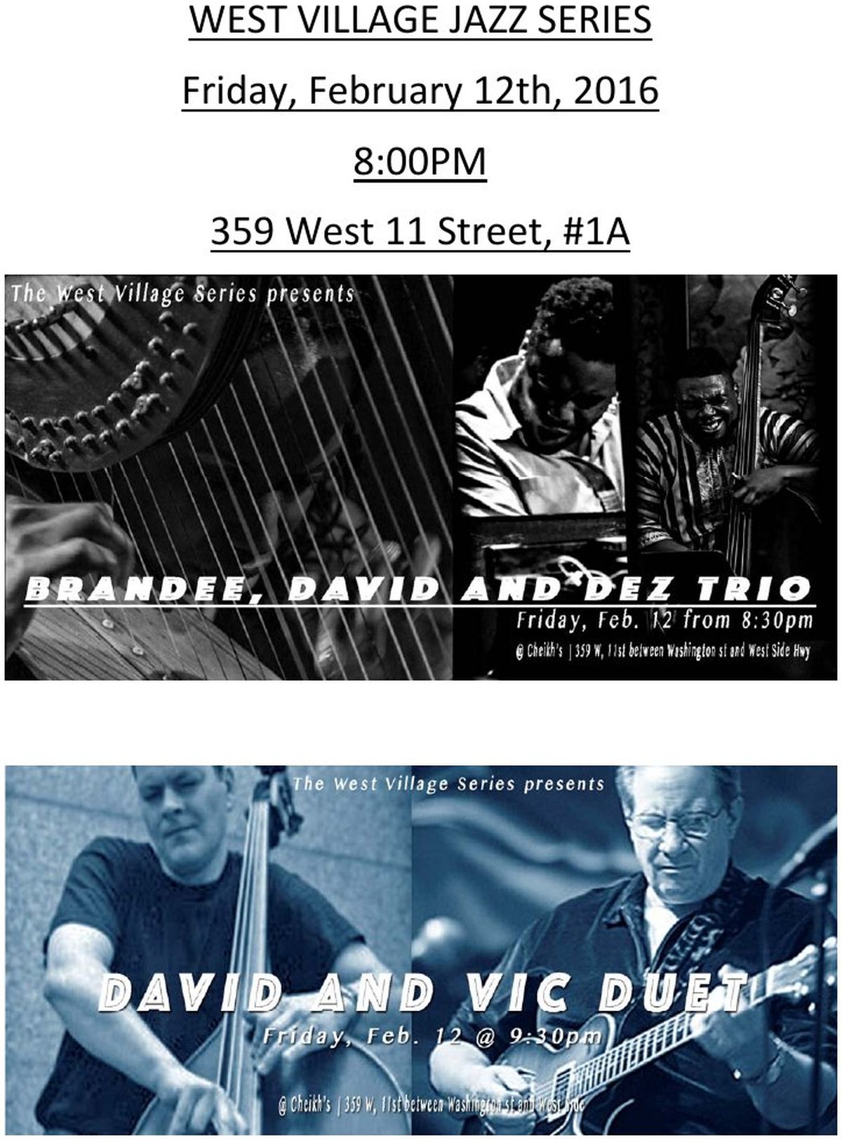 Flyer: Brandee, David and Dez Trio / David and Vic Duet, Feb 12, 2016