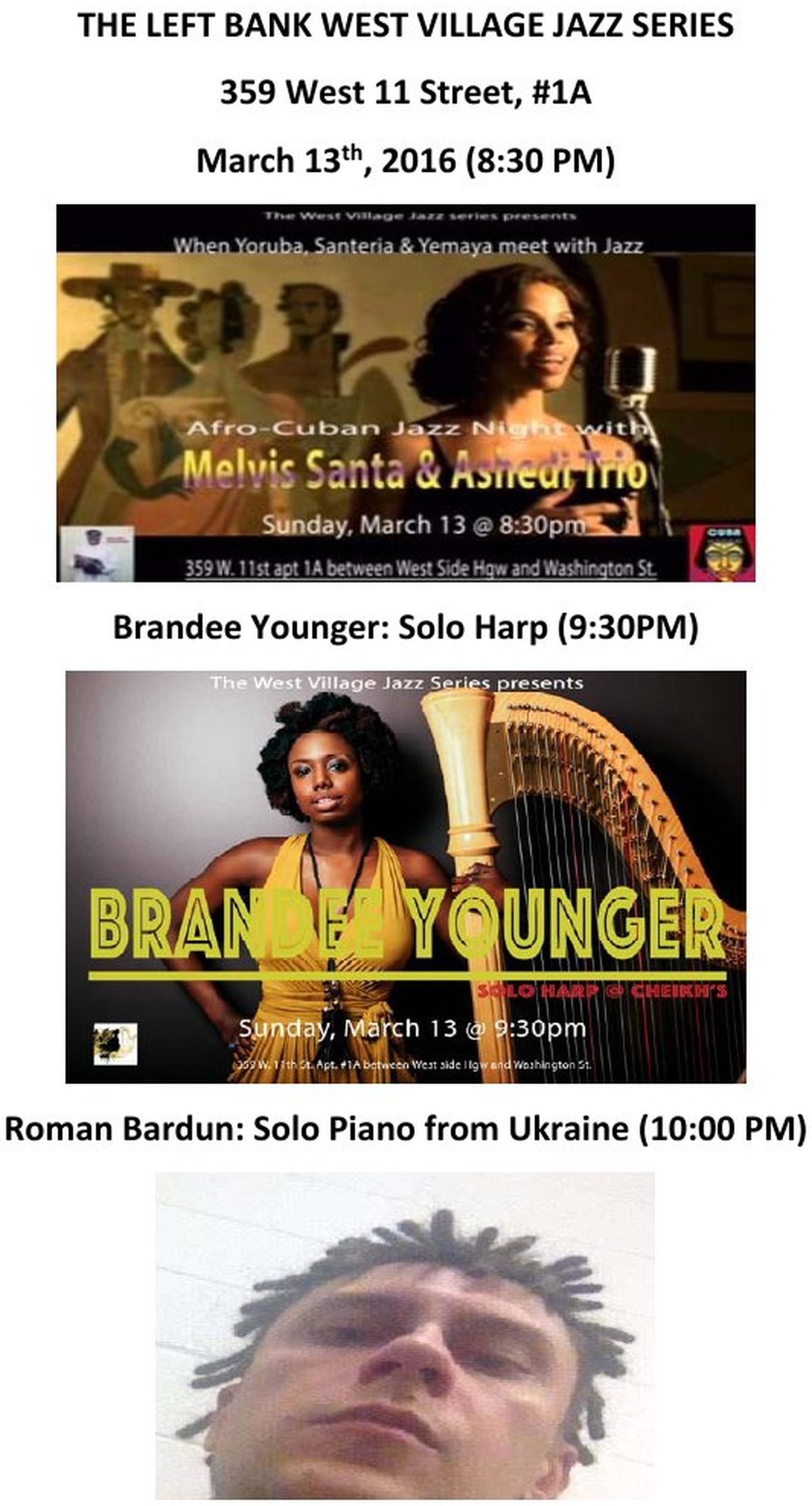 Flyer: Brandee Younger: Solo Harp / Roman Bardun: Solo Piano from Ukraine, Mar 13, 2016